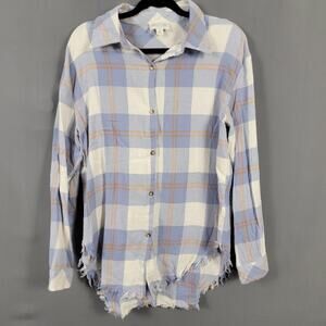 Jun & Ivy Blue White Plaid Button Down Shirt Frayed Hem Cotton Boho Casual Top